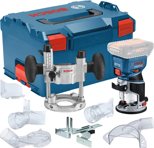 Bosch GKF 18V-8 cordless router kit with accessories.