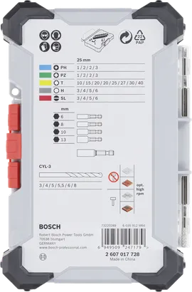 Bosch 35-piece screwdriver and CYL-3 drill bit set.