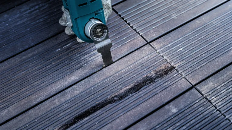 Person wearing safety equipment cuts a groove in wooden decking using a multi-tool.
