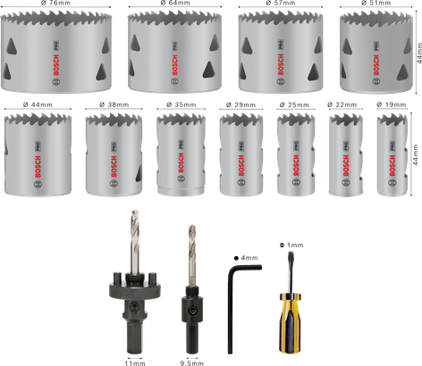 Bosch PRO Multi Material Hole Saw Set 17 pcs with sizes 19-76mm.