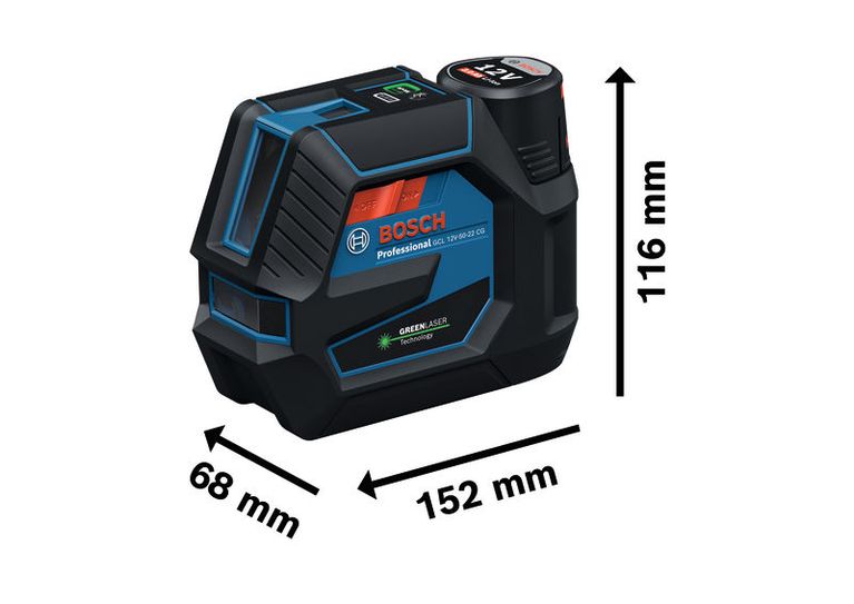 Bosch GCL 12V-50-22 CG laser leveling tool with dimensions.