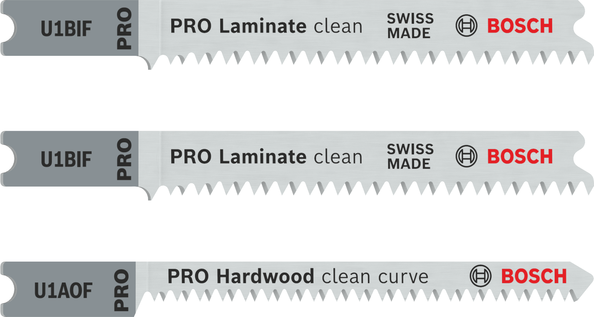 Bosch PRO Laminate Set U-shank blades for clean cuts.