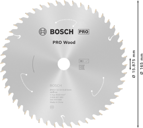 Bosch PRO Wood cordless circular saw blade T48, 165 mm.