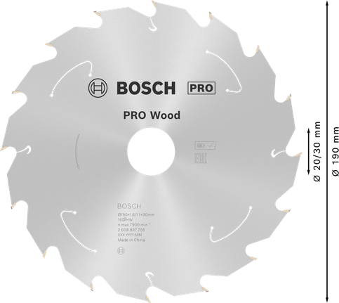Bosch PRO Wood Circular Saw Blade 190mm T16 for cordless saws.