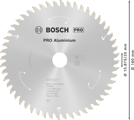 Bosch PRO Aluminium circular saw blade, 160 mm 52 teeth.