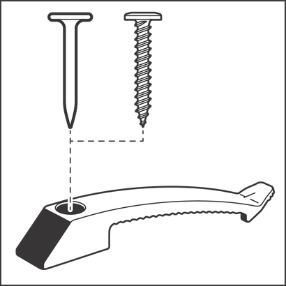A nail and screw are shown above a mounting bracket, illustrating installation options.