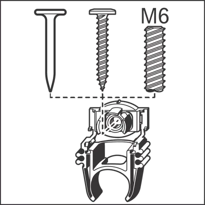 A person holds a mounting bracket showing options for nail, screw, or M6 bolt attachment.