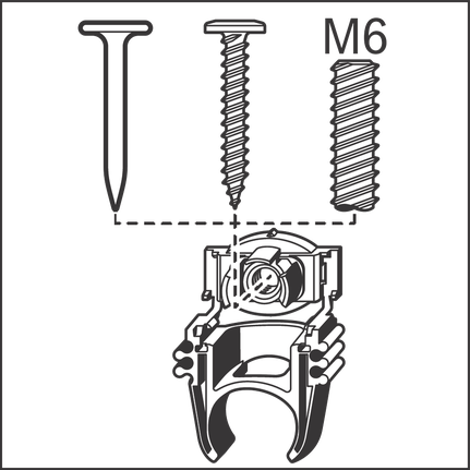 A person holds a mounting bracket showing options for nail, screw, or M6 bolt attachment.