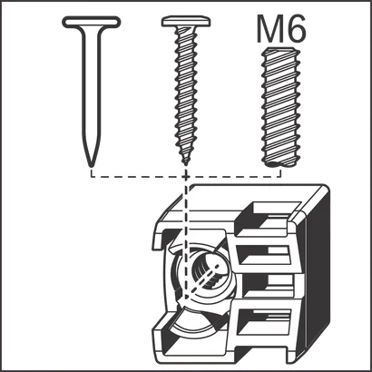 Nail, screw, and M6 bolt alignment options for mounting a square bracket.