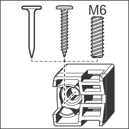 Nail, screw, and M6 bolt alignment options for mounting a square bracket.