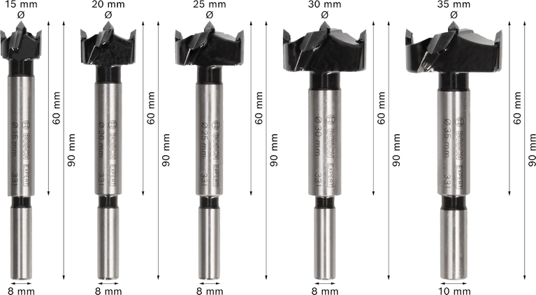 Bosch EXPERT Laminated Wood Hinge Cutting Drill Bit Set, 5 sizes.