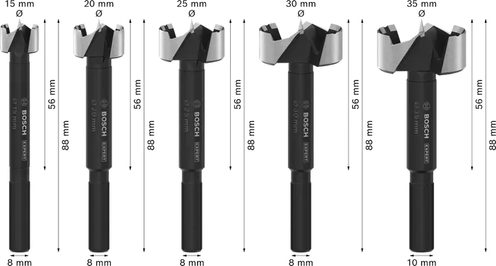 Bosch EXPERT Wood Forstner Drill Bit Set, 5 sizes.