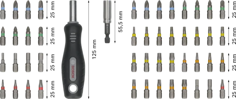 Bosch Extra Hard Screwdriver Bit Set 50 pcs with handle.