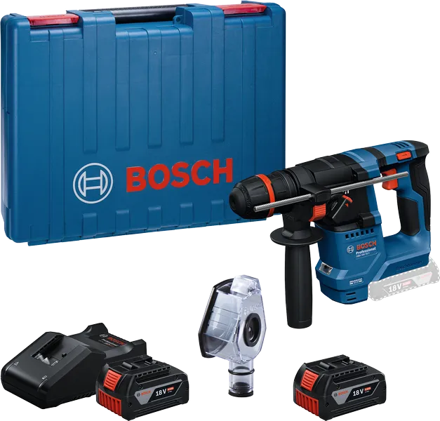 Bosch GBH 18V-18 rotary hammer drill set with batteries.