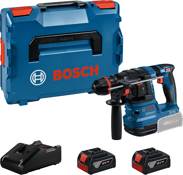 Bosch GBH 18V-22 rotary hammer set with batteries and case.