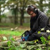 A person wearing safety equipment trims tree branches with a cordless pruner saw.