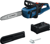 Bosch GKE 18V-40 cordless chainsaw with charger.