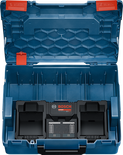 Bosch dual 18V battery charger in blue storage case.
