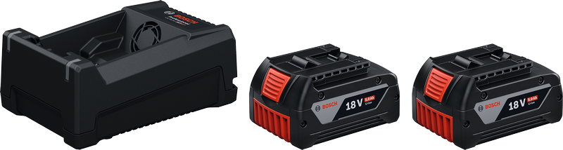 Bosch starter set with charger and two 18V 5Ah batteries.