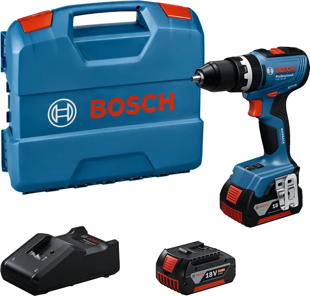 Bosch GSB 18V-65 cordless drill set with case and batteries.