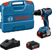 Bosch GSB 18V-65 cordless drill set with case and batteries.