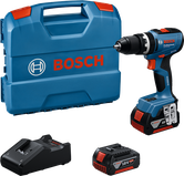 Bosch GSB 18V-65 cordless drill set with case and batteries.