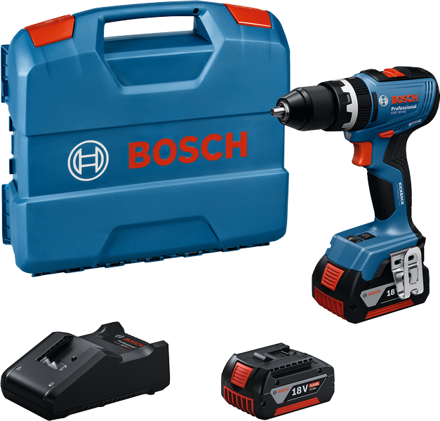 Bosch GSB 18V-65 cordless drill set with case and batteries.