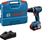 Bosch GSB 18V-65 cordless drill set with case and charger.