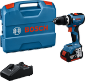 Bosch GSB 18V-65 cordless drill set with case and charger.