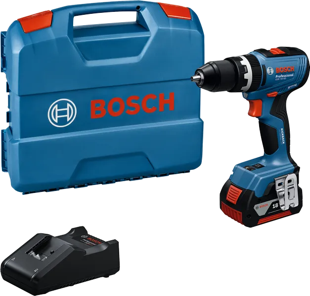 Bosch GSB 18V-65 cordless drill set with case and charger.