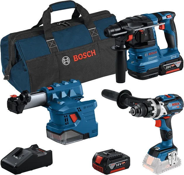 Bosch GSB 18V-110 C cordless drill set with batteries and bag.