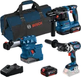 Bosch GSB 18V-110 C cordless drill set with batteries and bag.
