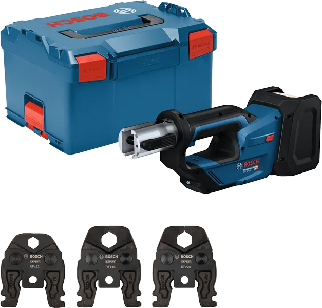 Bosch GPT 18V-19 pipe press tool with case and jaws.