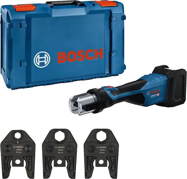 Bosch 18V-32 pressing tool with three pressing jaws and case.