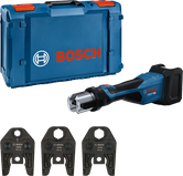 Bosch 18V-32 pressing tool with three pressing jaws and case.