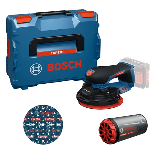 Bosch EXEX18V-150-5 cordless random orbital sander kit.