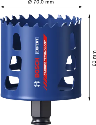 Bosch EXPERT Multi Material 70 mm hole saw with carbide teeth.