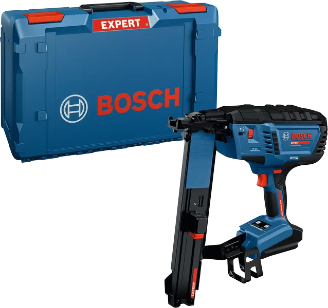 Bosch EXTH18V-50M cordless nailer with carrying case.