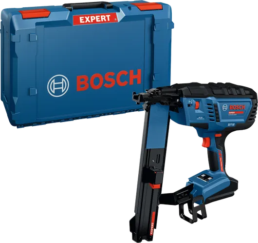 Bosch EXTH18V-50M cordless nailer with carrying case.