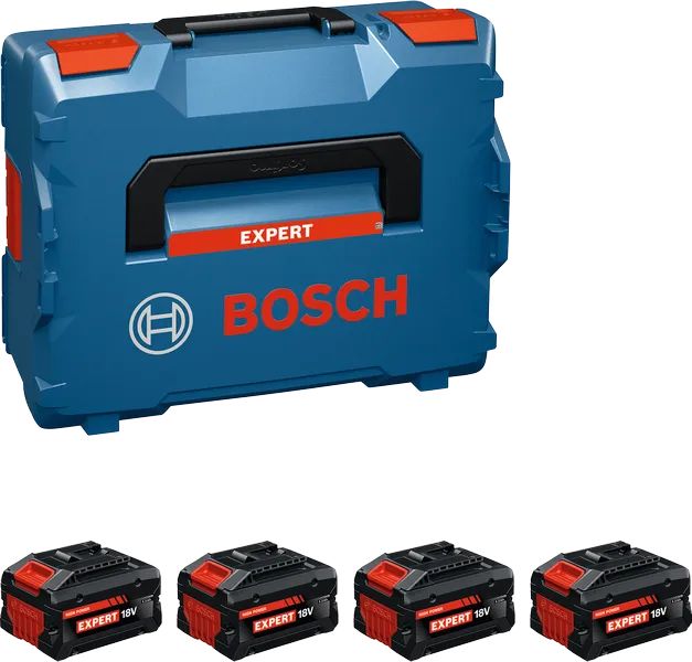 Bosch kit with L-BOXX case and four 18V Expert batteries.