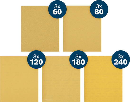 Bosch EXPERT C470 sandpaper sheets, 15-pack assorted grits.