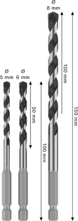 Bosch PRO HEX-5 drill bit set 5, 6, 8 mm sizes.