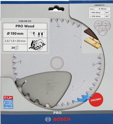 Bosch PRO Wood Circular Saw Blade 190 mm 3-piece pack.