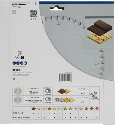 Bosch PRO Wood & Multi Material 216 mm circular saw blades promo pack.