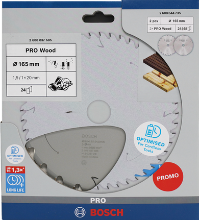 Bosch PRO Wood Circular Saw Blade 165 mm cordless promo pack.