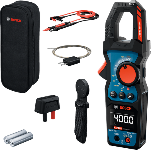 Bosch EXMC600-17 clamp meter set with accessories.