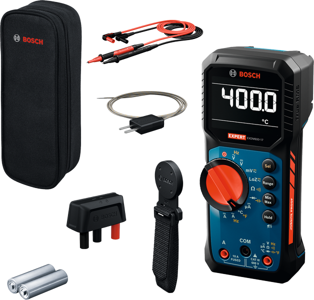 Bosch EXDM600-17 digital multimeter kit with accessories.