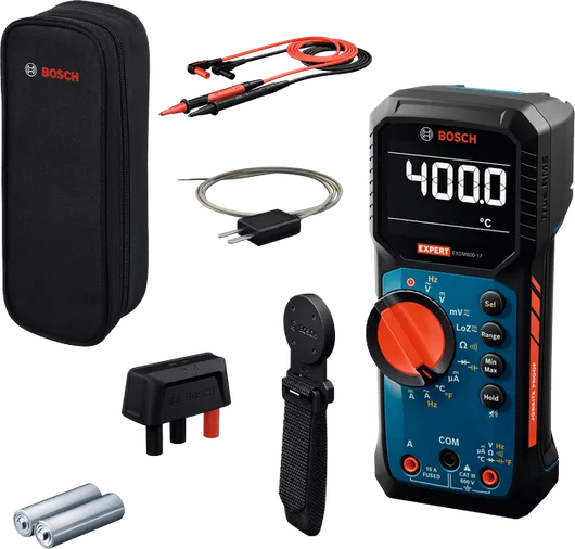 Bosch EXDM600-17 digital multimeter kit with accessories.