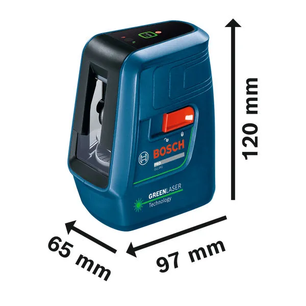 Bosch GLL3XG laser leveling tool with dimensions shown.