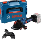 Bosch cordless angle grinder set with case and guard.